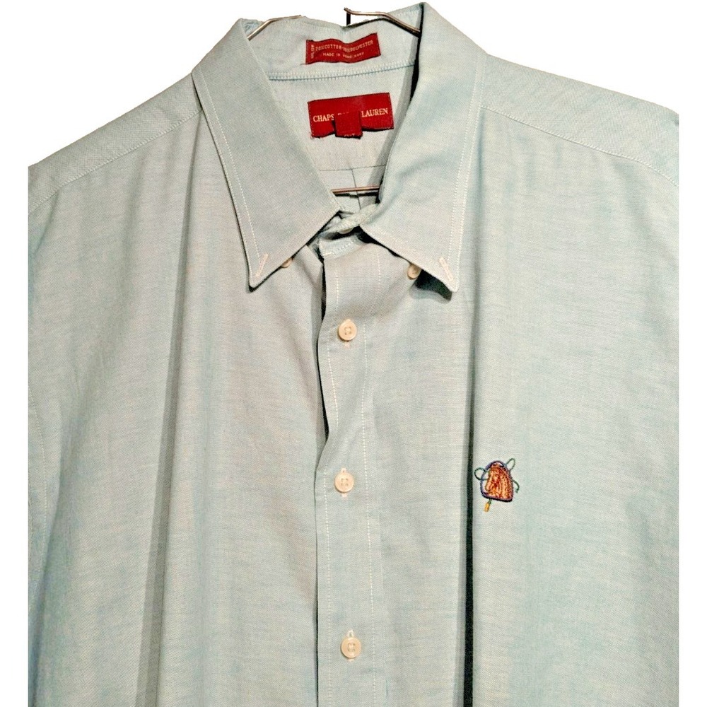 VTG Chaps Ralph Lauren Button Shirt Men XL Teal Chambray Equestrian Preppy Pony